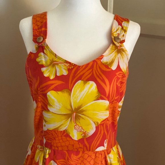 Vintage Dress Orange with Yellow Hibiscus Flowers - Picture 1 of 4